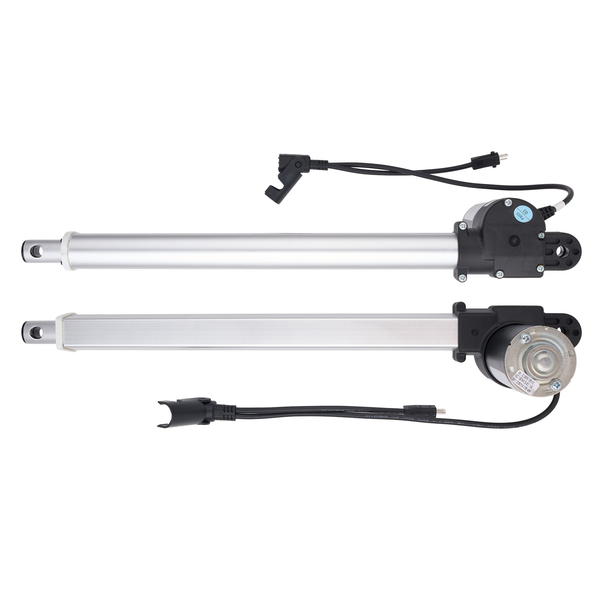 Two silver linear electric actuators with black motor housings, wiring, and connectors, displayed on a clean white background.