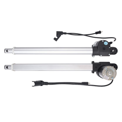 Two silver linear electric actuators with black motor housings, wiring, and connectors, displayed on a clean white background.
