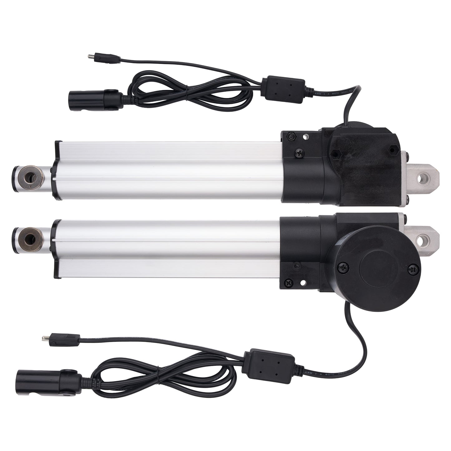 Two silver and black linear electric actuators with attached black power cables, displayed on a clean white background.