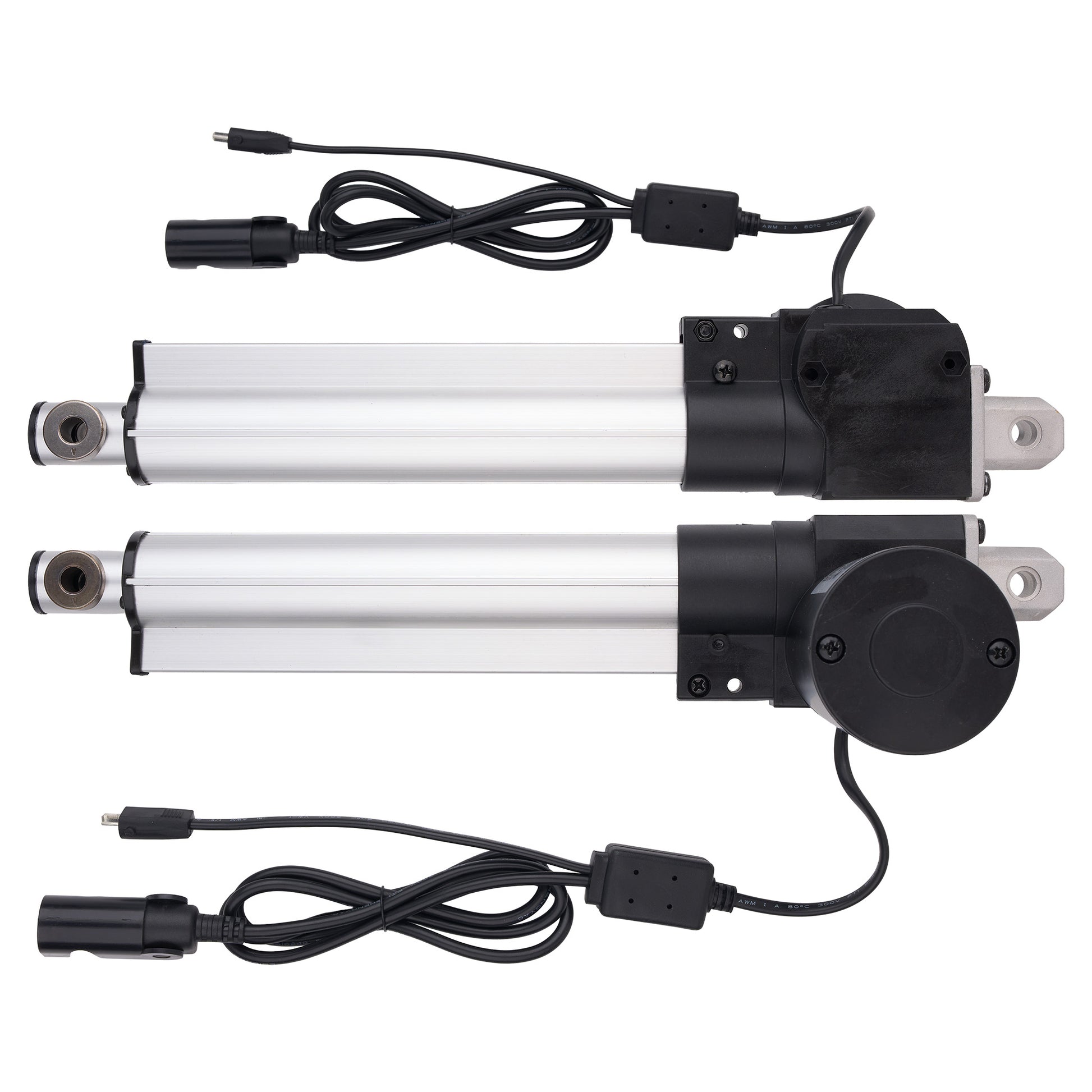 Two silver and black linear electric actuators with attached black power cables, displayed on a clean white background.