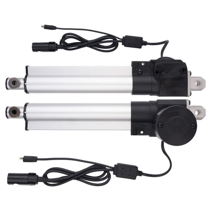 Two silver and black linear electric actuators with attached black power cables, displayed on a clean white background.