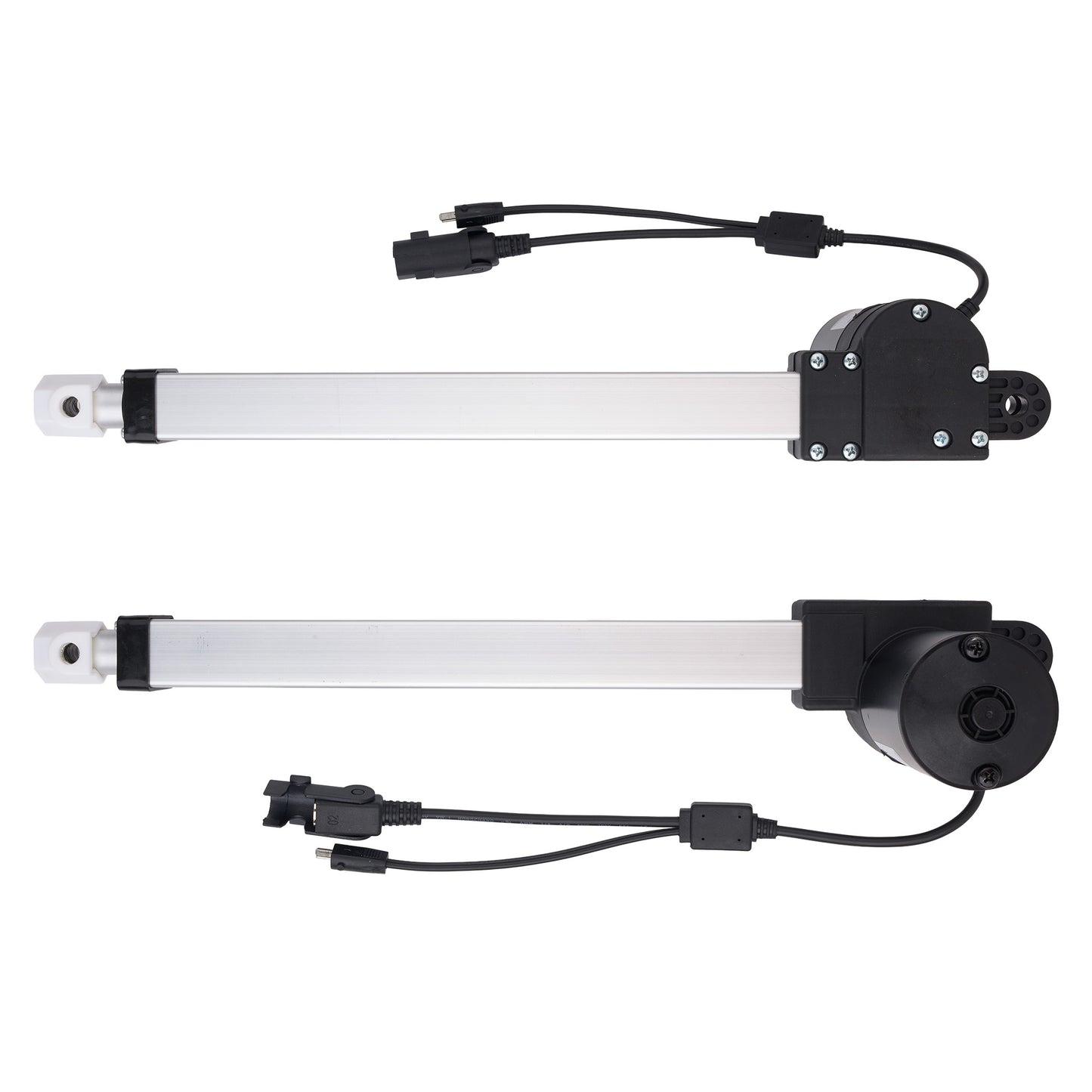 Two linear electric actuators shown on a plain white background, each with a long silver cylindrical rod, black end housing, mounting bracket, wiring connectors, and cables.