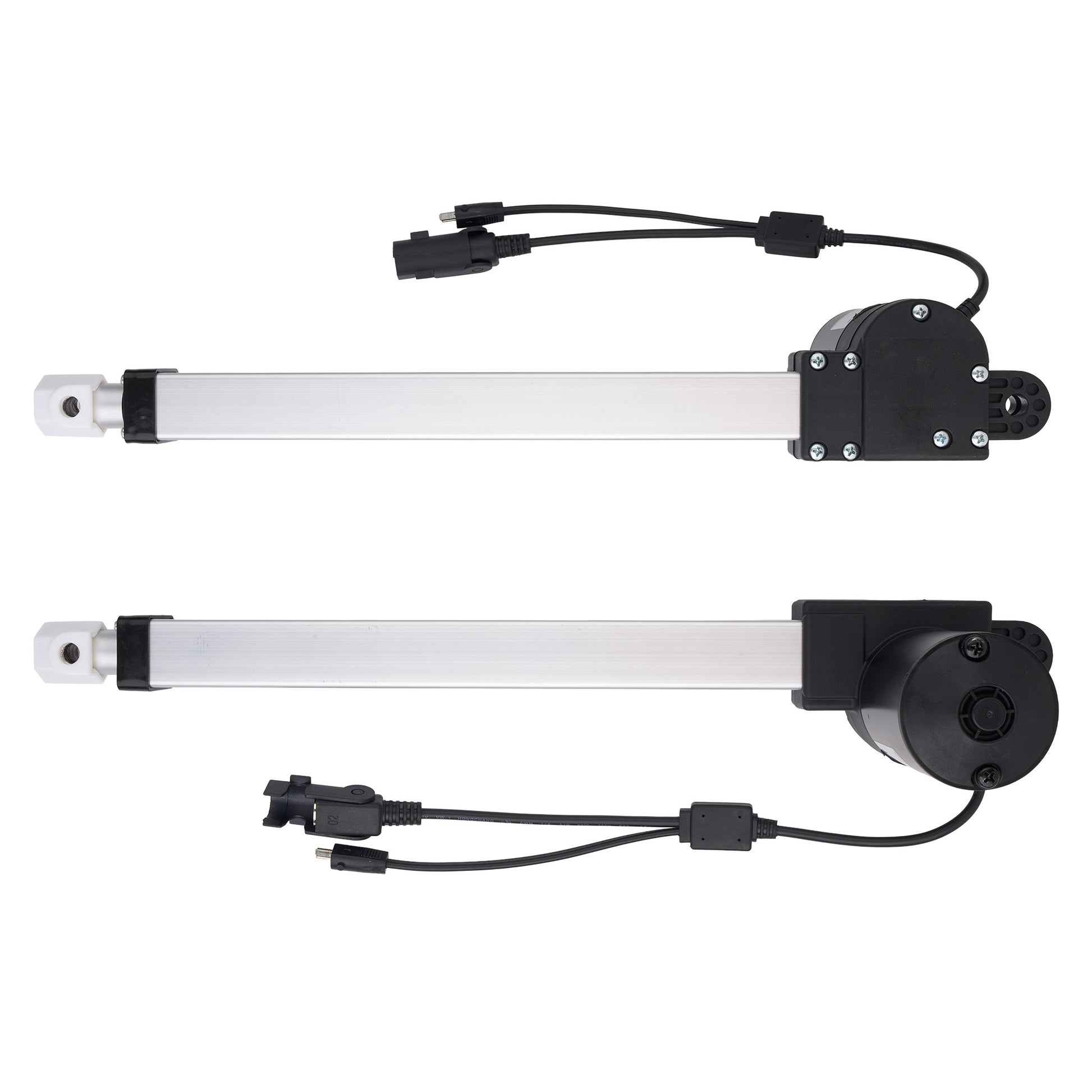Two linear electric actuators shown on a plain white background, each with a long silver cylindrical rod, black end housing, mounting bracket, wiring connectors, and cables.