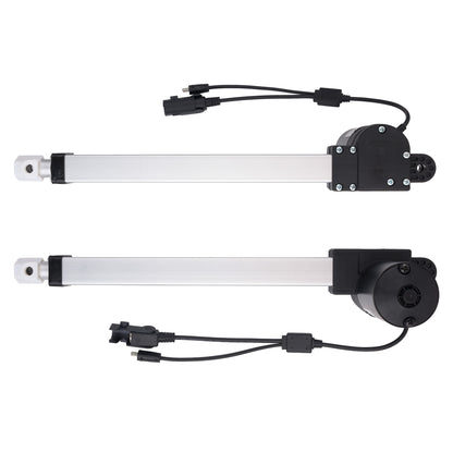 Two linear electric actuators shown on a plain white background, each with a long silver cylindrical rod, black end housing, mounting bracket, wiring connectors, and cables.