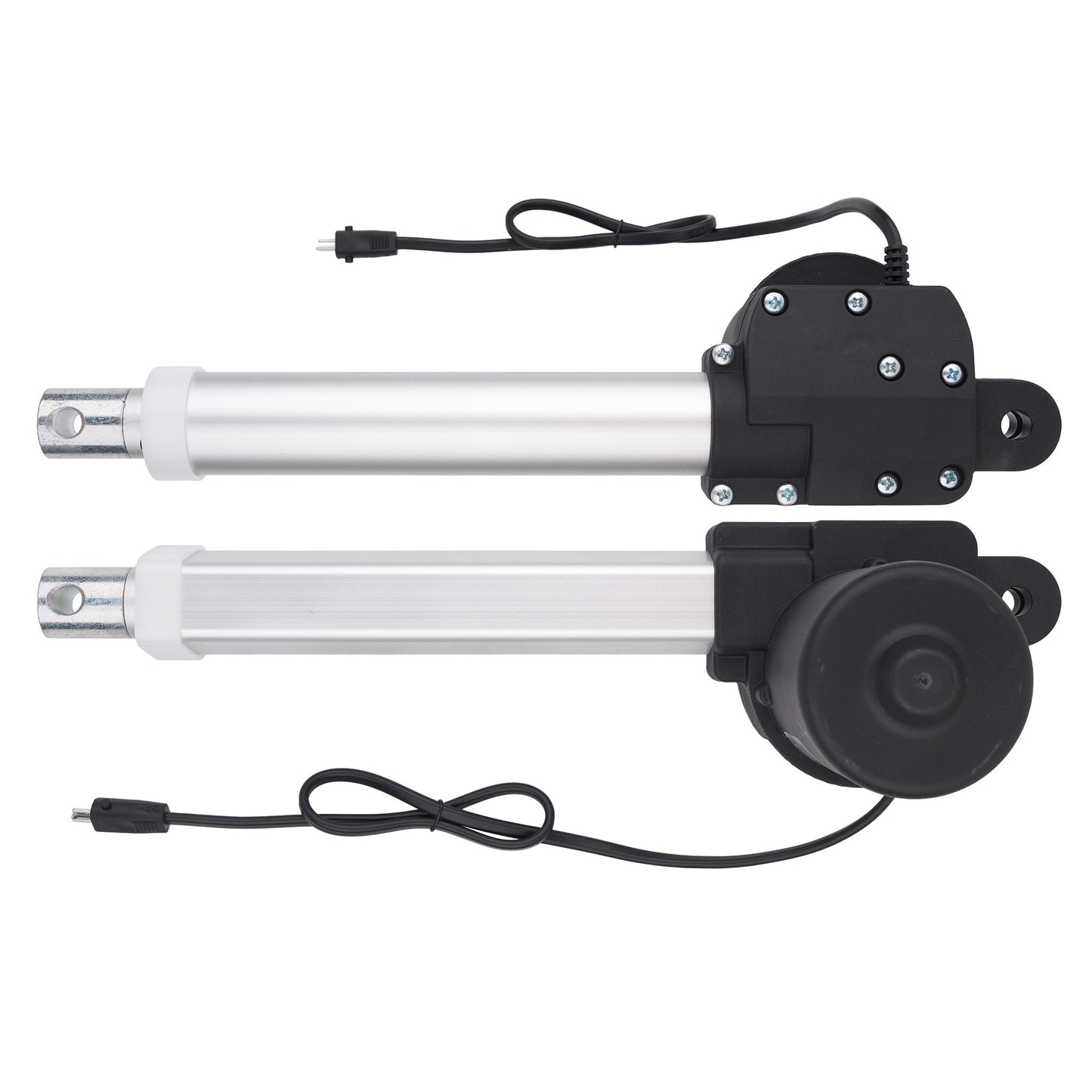 Two silver and black electric linear motor slides with attached black power cables, shown on a plain white background.