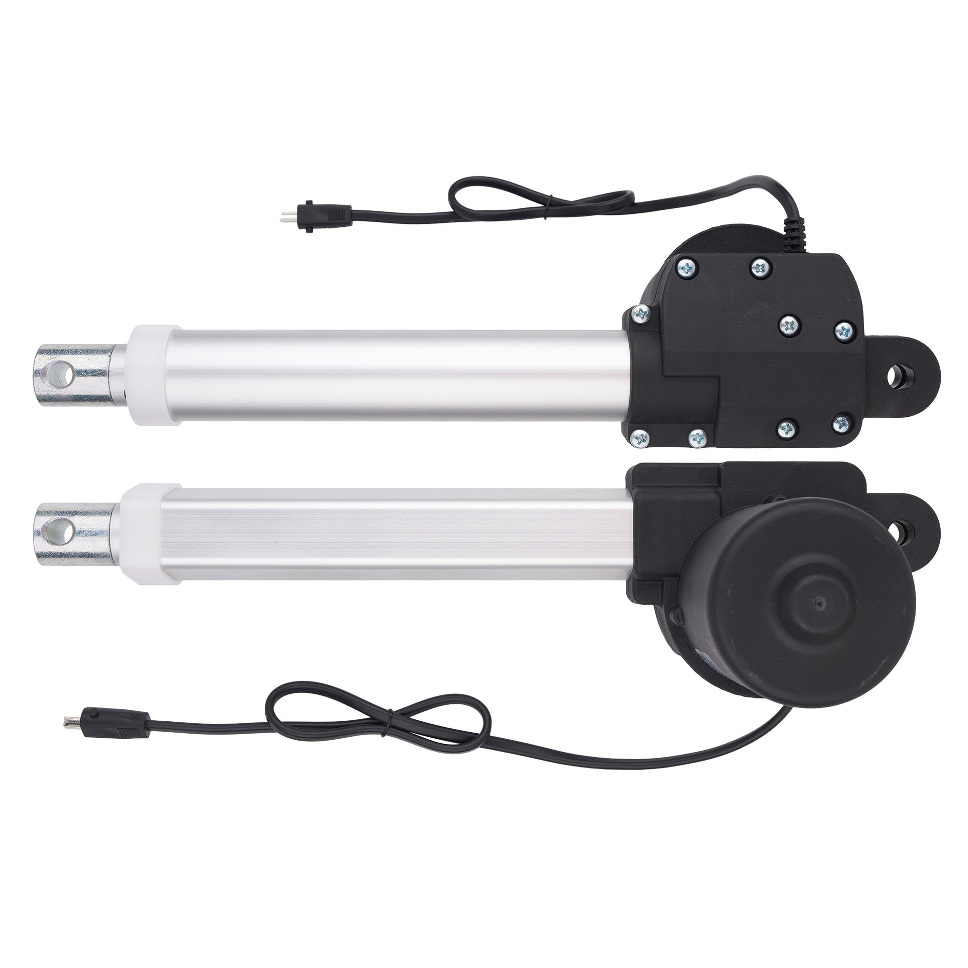 Two silver and black electric linear motor slides with attached black power cables, shown on a plain white background.