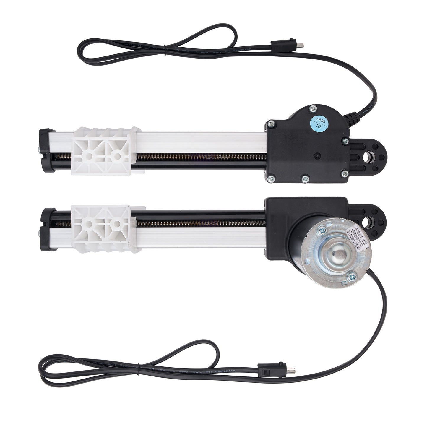 Two linear electric actuators with black cables, white plastic end sections, and black motor housings, displayed on a clean white background.