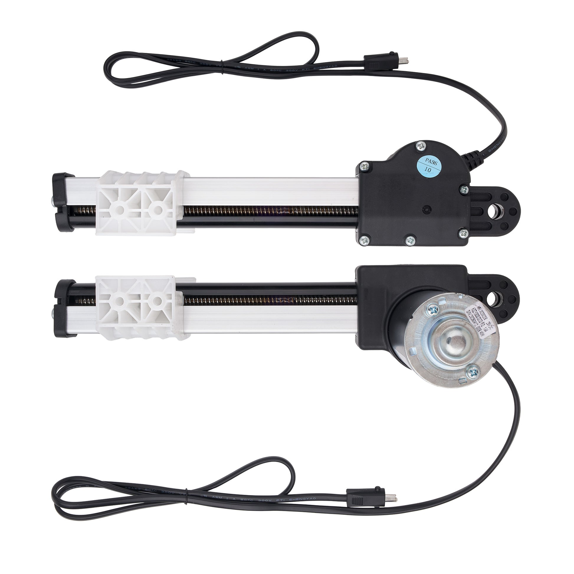 Two linear electric actuators with black cables, white plastic end sections, and black motor housings, displayed on a clean white background.