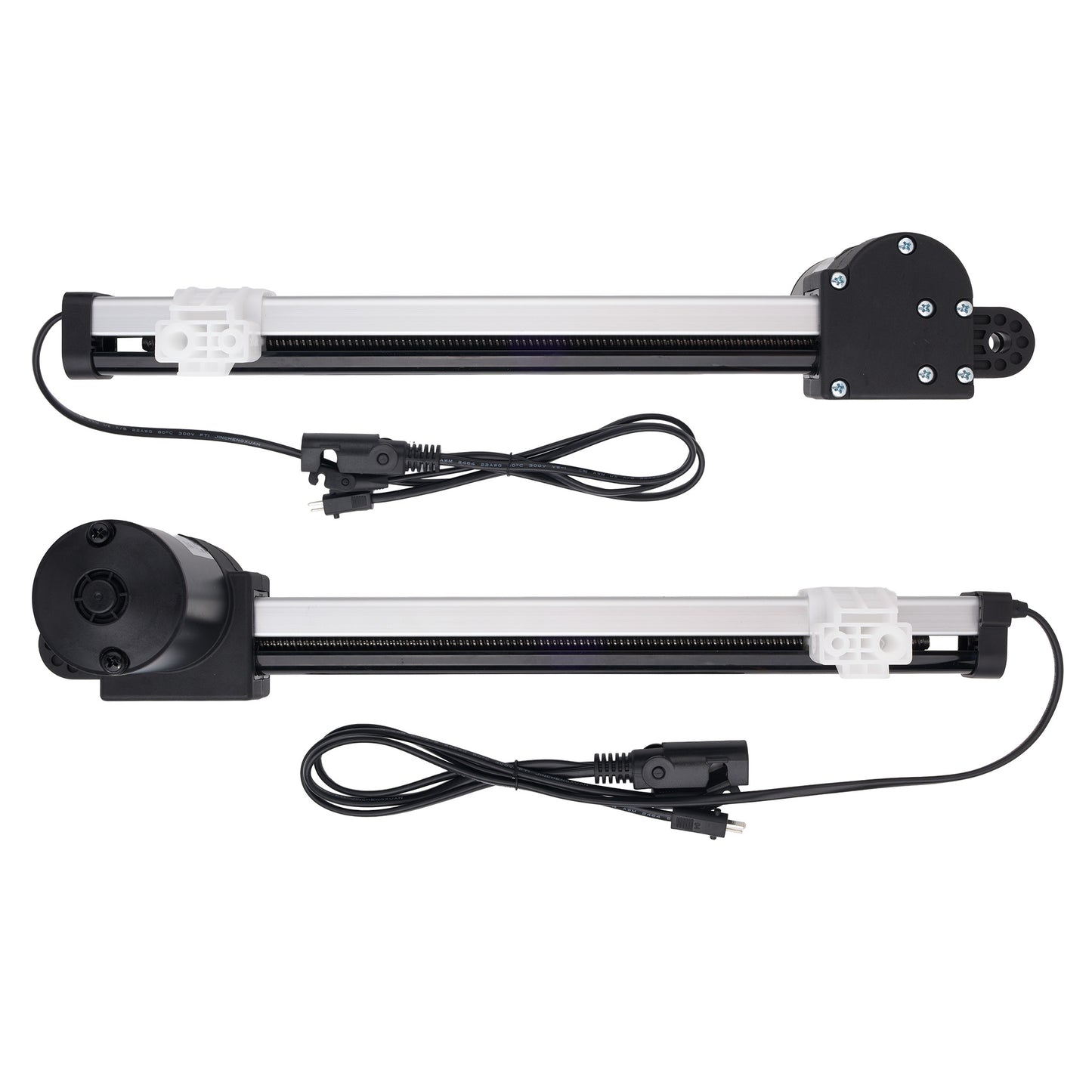 Two linear motion guide rails with black motors and cables, displayed on a clean white background.