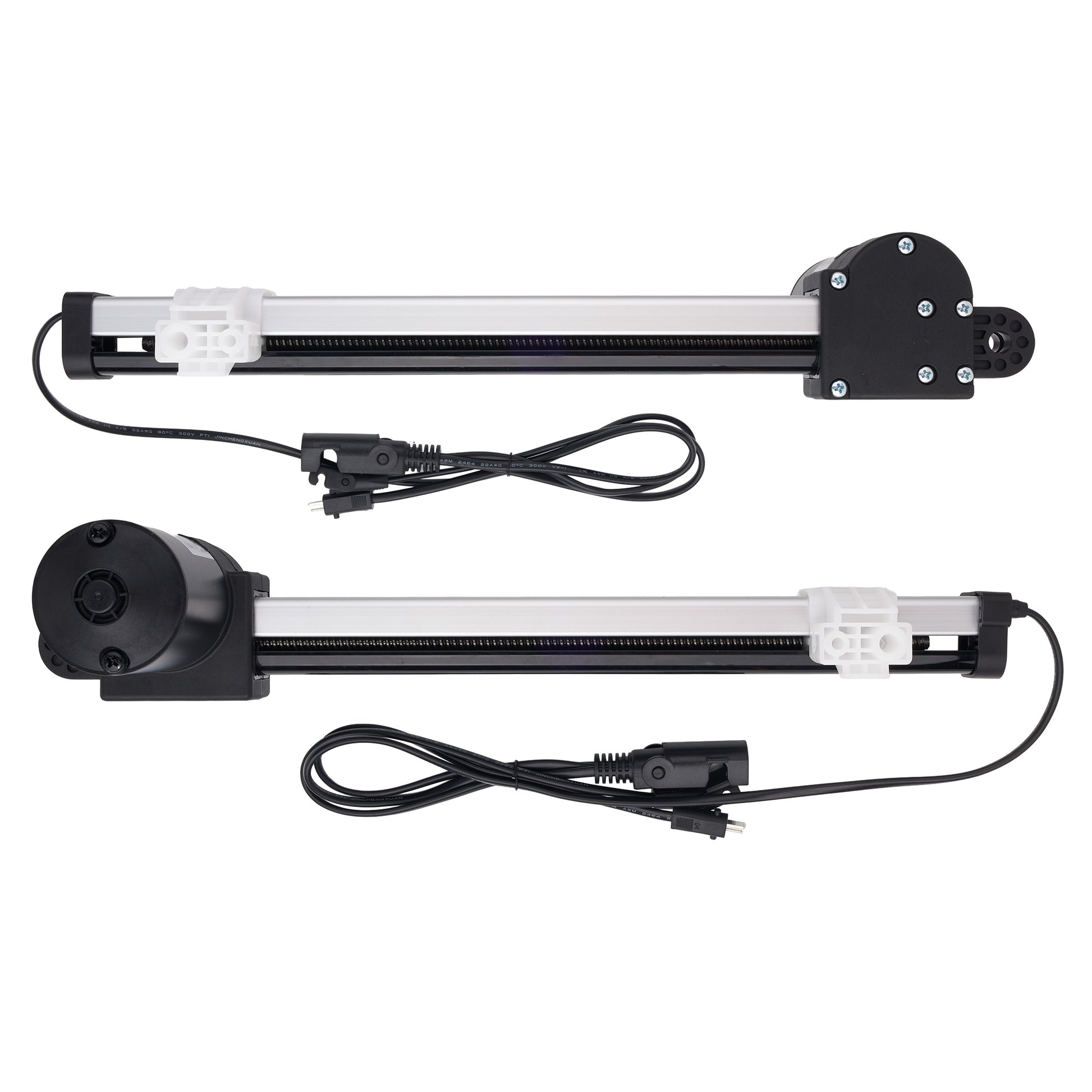 Two linear motion guide rails with black motors and cables, displayed on a clean white background.
