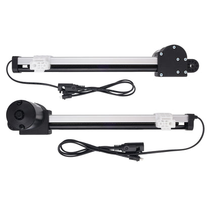 Two linear motion guide rails with black motors and cables, displayed on a clean white background.