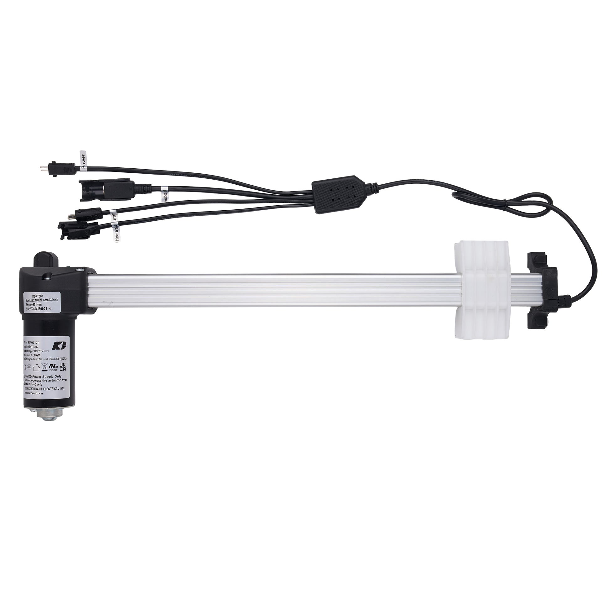 An industrial linear slide motor with a long silver aluminum rod, black end caps, white plastic bushings, and multi-pin electrical connectors on one end, shown against a plain white background.