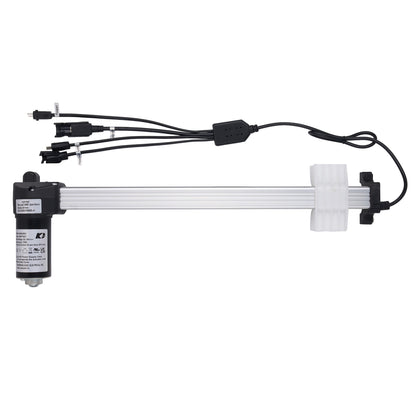 An industrial linear slide motor with a long silver aluminum rod, black end caps, white plastic bushings, and multi-pin electrical connectors on one end, shown against a plain white background.