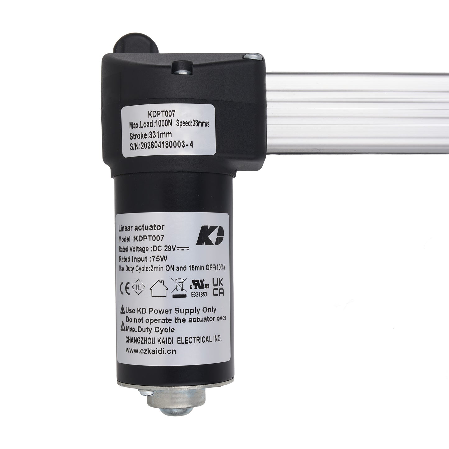 A black and silver linear actuator motor with printed technical specifications and a K2 logo, shown on a white background with a silver metal rod extending to the right.