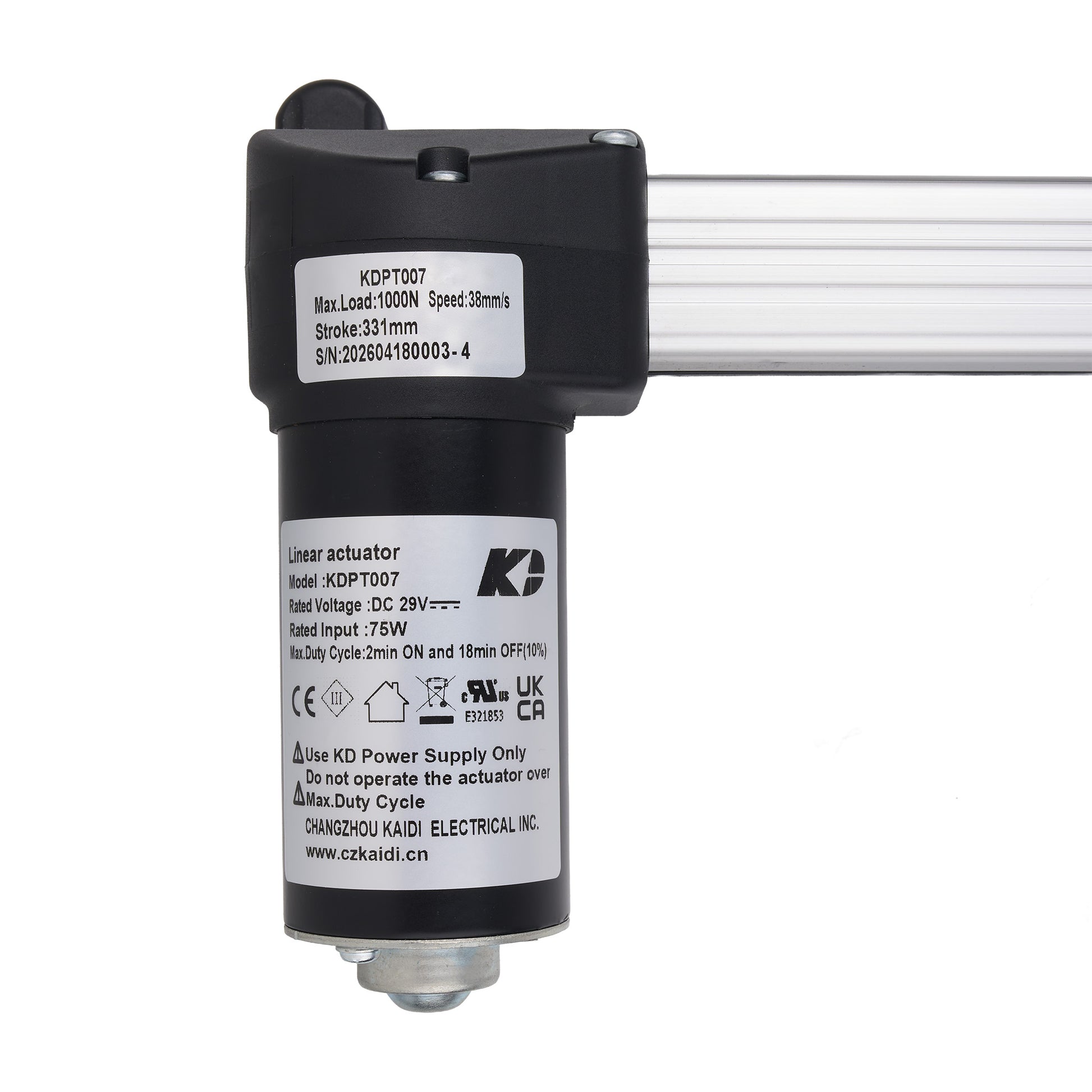 A black and silver linear actuator motor with printed technical specifications and a K2 logo, shown on a white background with a silver metal rod extending to the right.