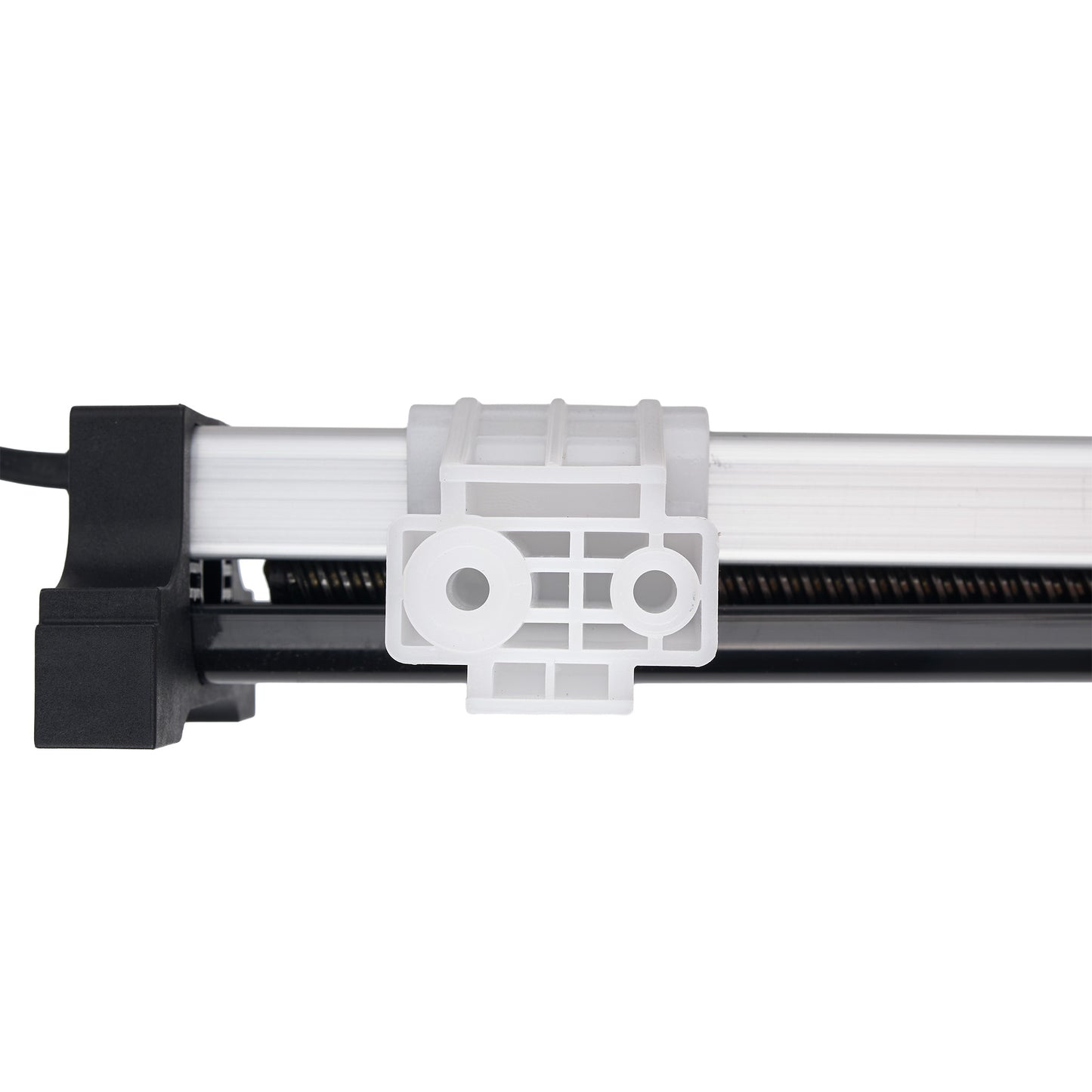 A close-up of a linear rail assembly featuring a black metal housing, a white plastic mounting bracket, and a black guide rail on a solid white background.