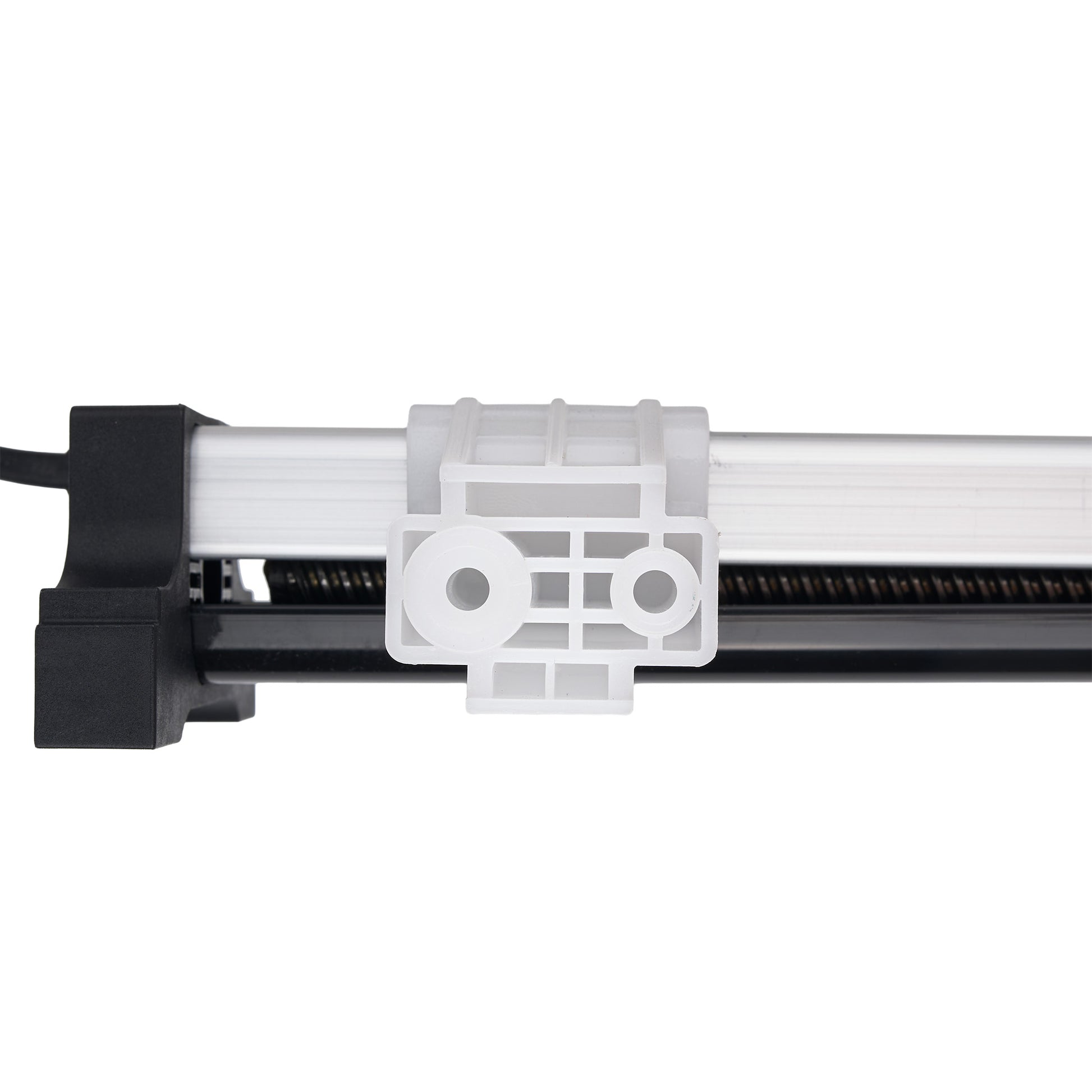 A close-up of a linear rail assembly featuring a black metal housing, a white plastic mounting bracket, and a black guide rail on a solid white background.