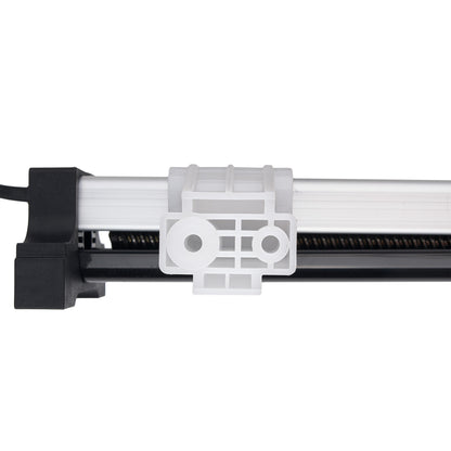 A close-up of a linear rail assembly featuring a black metal housing, a white plastic mounting bracket, and a black guide rail on a solid white background.