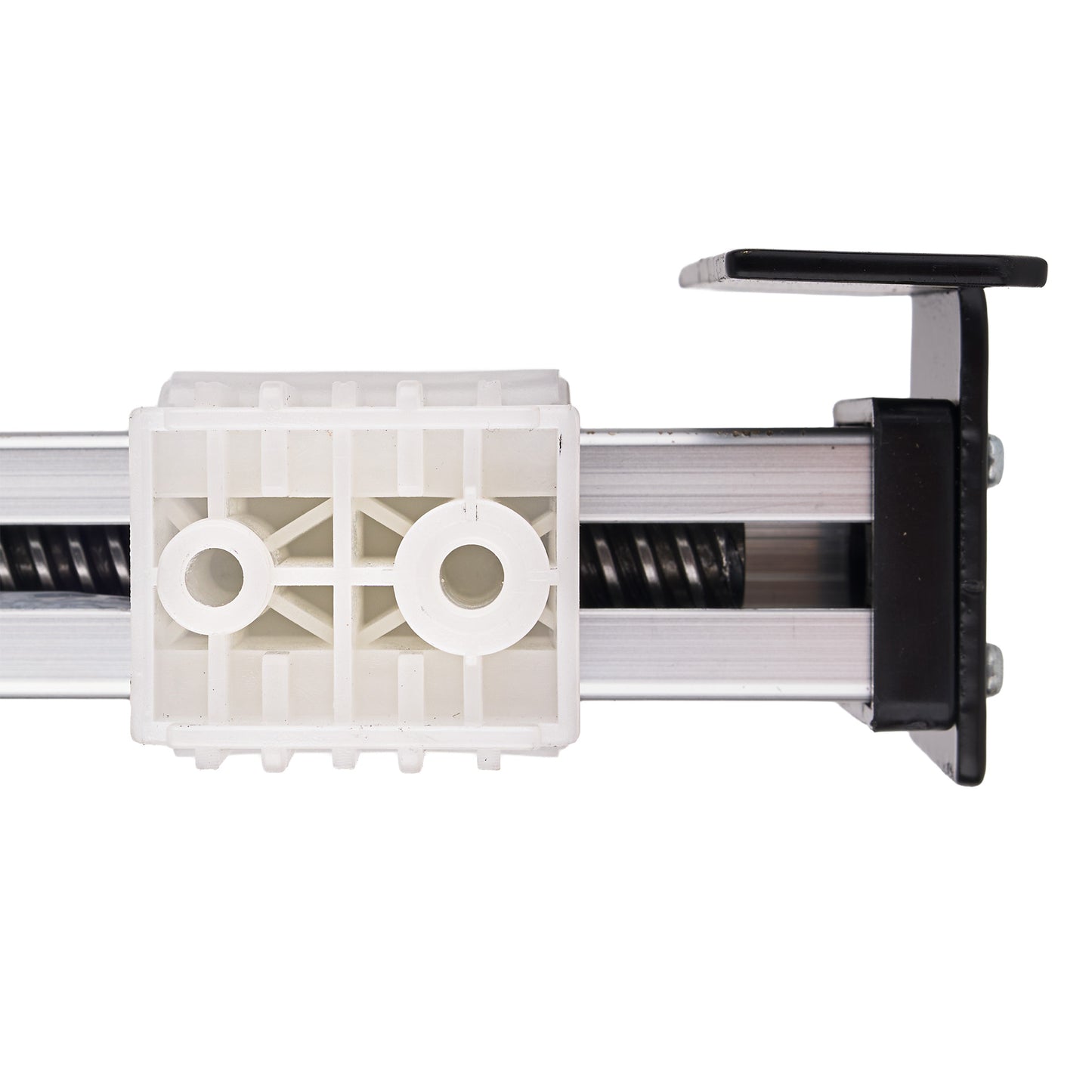 A close-up of a linear motion guide assembly featuring a white plastic housing block, a black mounting bracket, and a silver metal rail on a white background.