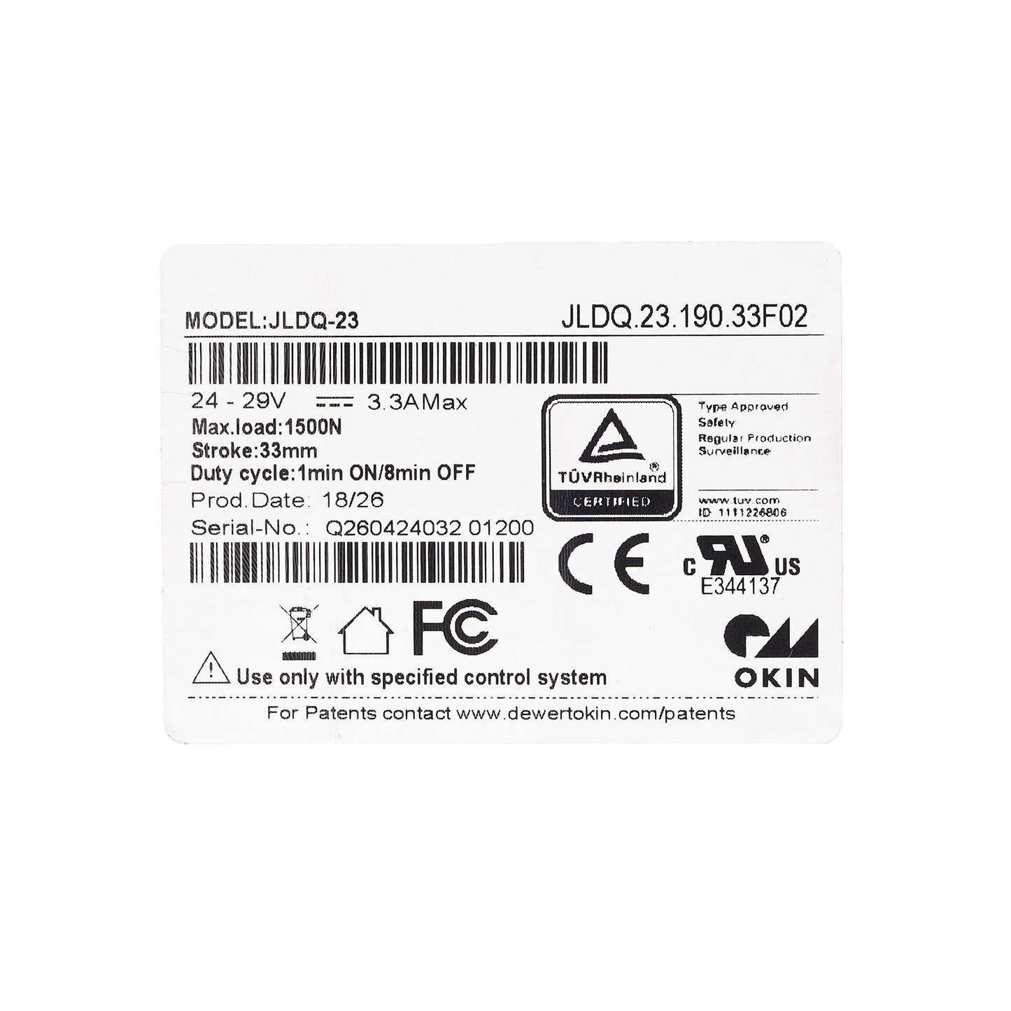 A white rectangular product label with black printed text, barcodes, and certification logos including TÜV Rheinland, CE, FCC, and UL. The label shows the model JLDQ-23 and product code JLDQ.