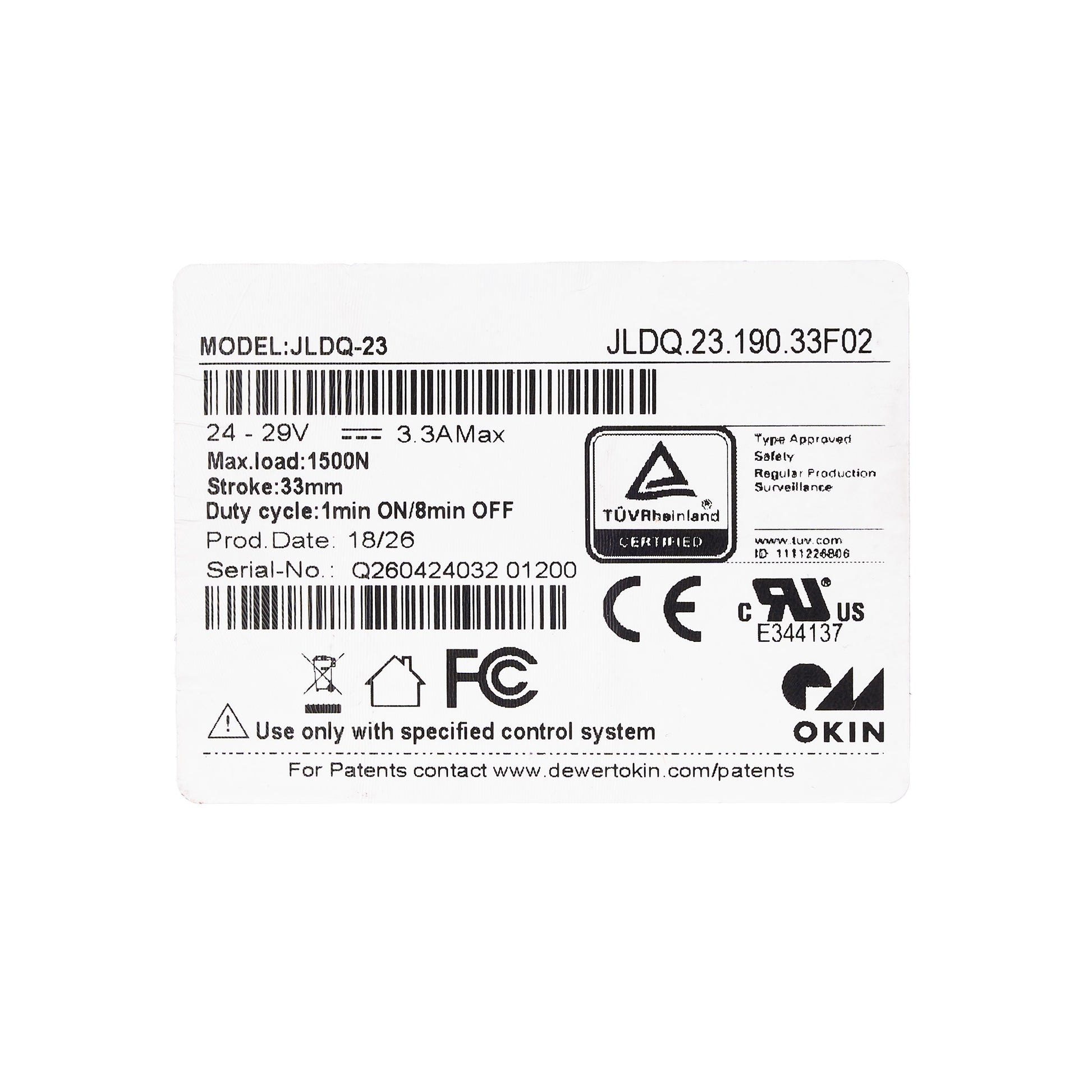 A white rectangular product label with black printed text, barcodes, and certification logos including TÜV Rheinland, CE, FCC, and UL. The label shows the model JLDQ-23 and product code JLDQ.