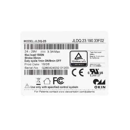 A white rectangular product label with black printed text, barcodes, and certification logos including TÜV Rheinland, CE, FCC, and UL. The label shows the model JLDQ-23 and product code JLDQ.
