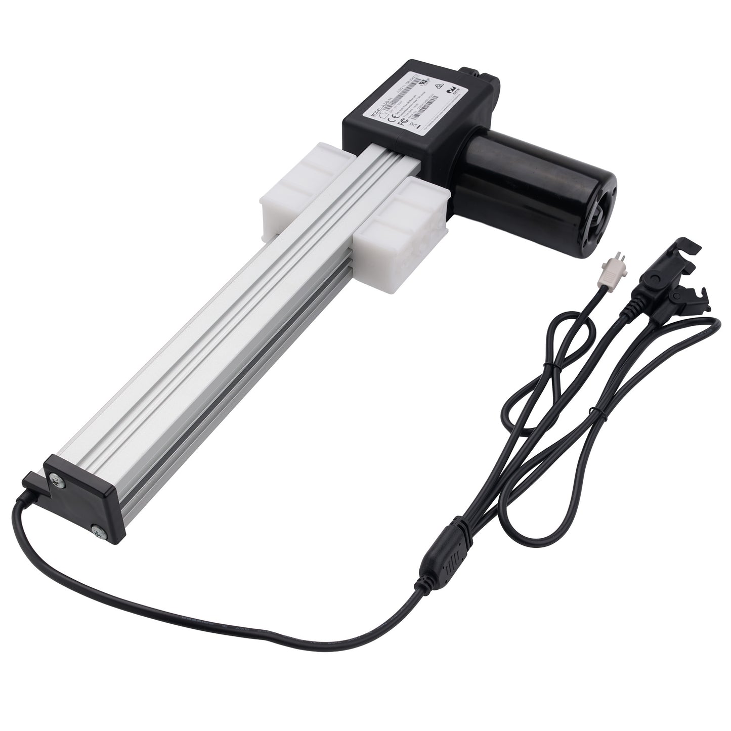 A linear electric motor slide rail assembly with a black cylindrical motor, a silver aluminum rail, white plastic end blocks, and an attached black power cable with a plug on a white background.