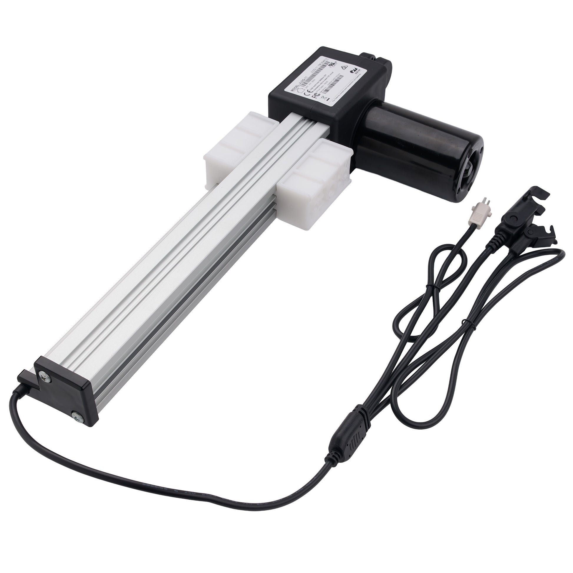 A linear electric motor slide rail assembly with a black cylindrical motor, a silver aluminum rail, white plastic end blocks, and an attached black power cable with a plug on a white background.