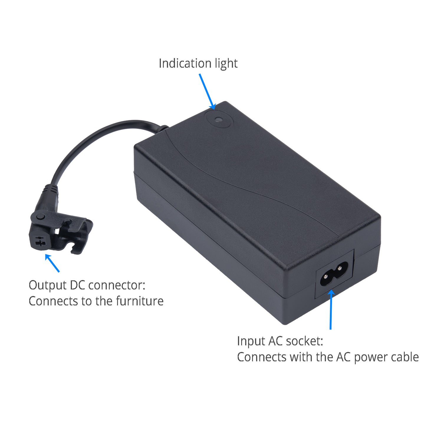 Black power adapter with labeled parts on a white background