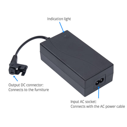 Black power adapter with labeled parts on a white background