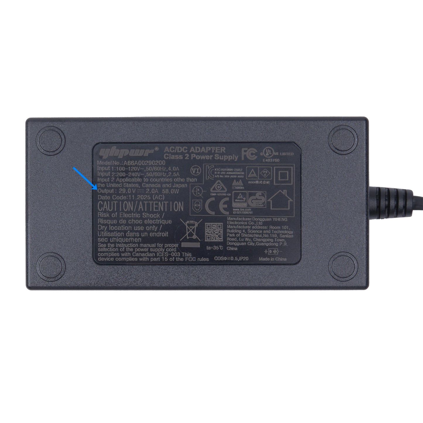 Black power adapter with certification labels on a white background