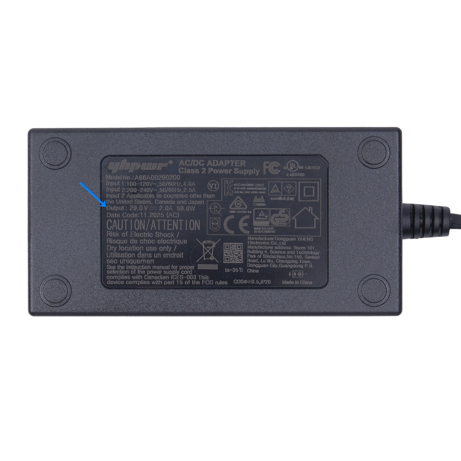 Black power adapter with certification labels on a white background