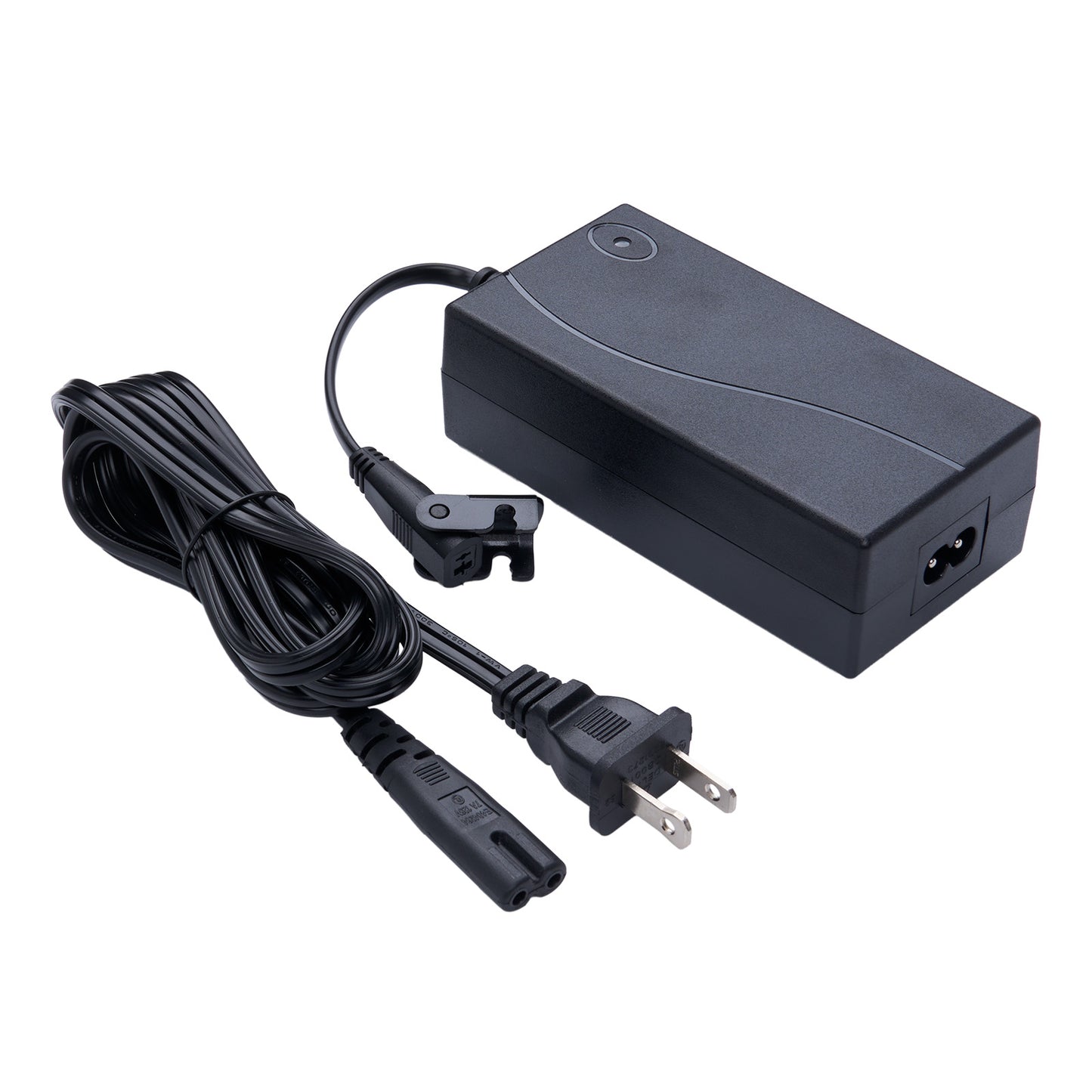 Black power adapter with cable on a white background