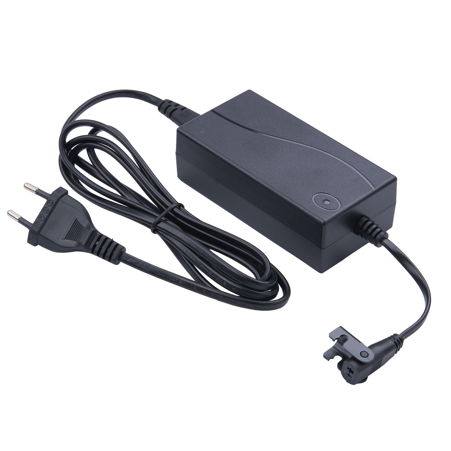 Black power adapter with plug and cable on a white background