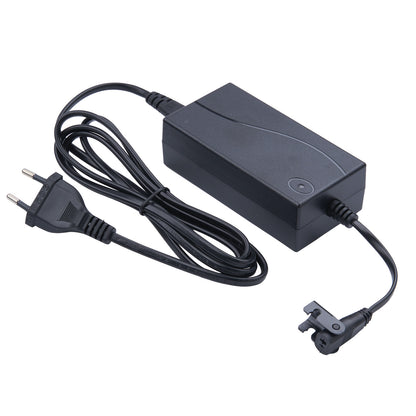 Black power adapter with plug and cable on a white background
