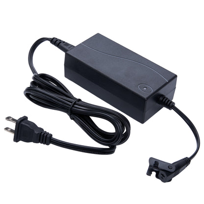 Black power adapter with plug on a white background