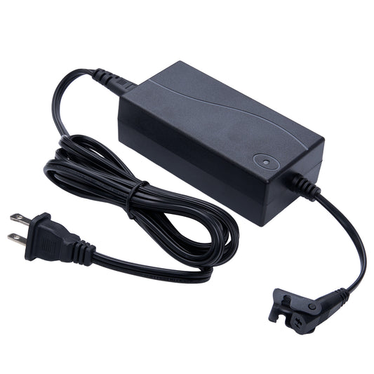 Black power adapter with plug on a white background