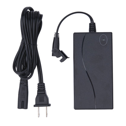 Black power adapter with cable on a white background