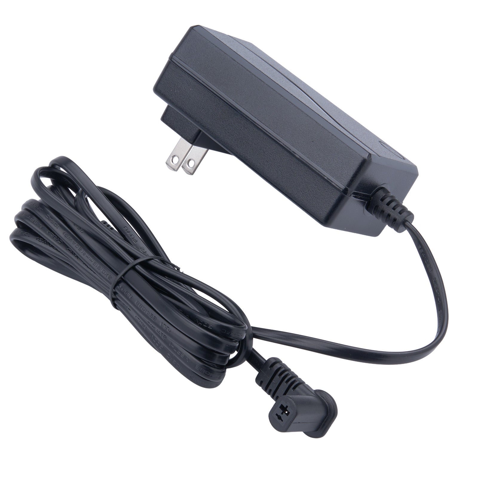 Black power adapter with a cord on a white background