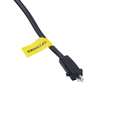 Black electrical cable with a yellow tag on a white background
