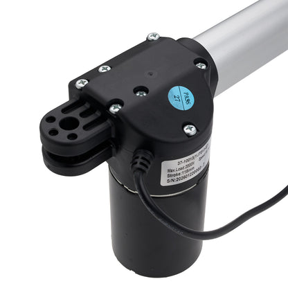 Black linear actuator with visible branding on a white background