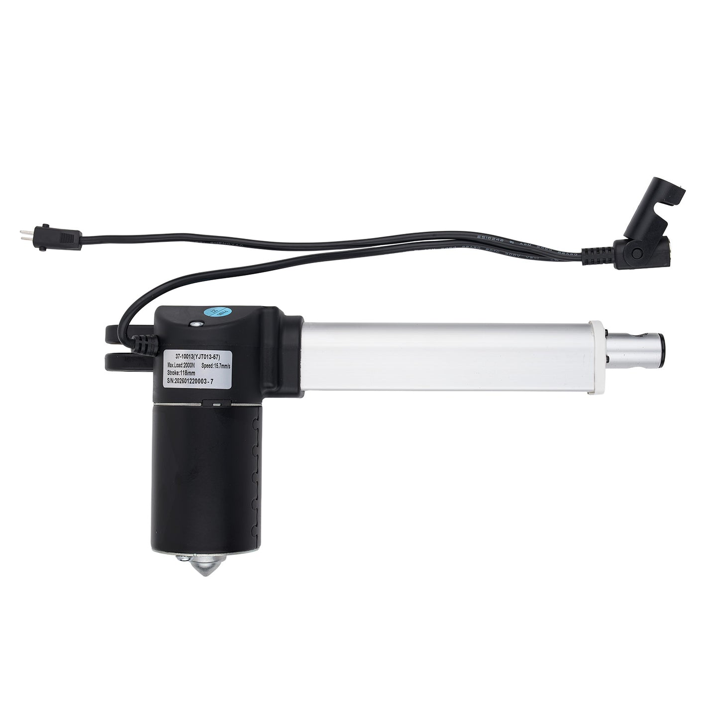 Linear actuator with black and white design on a white background