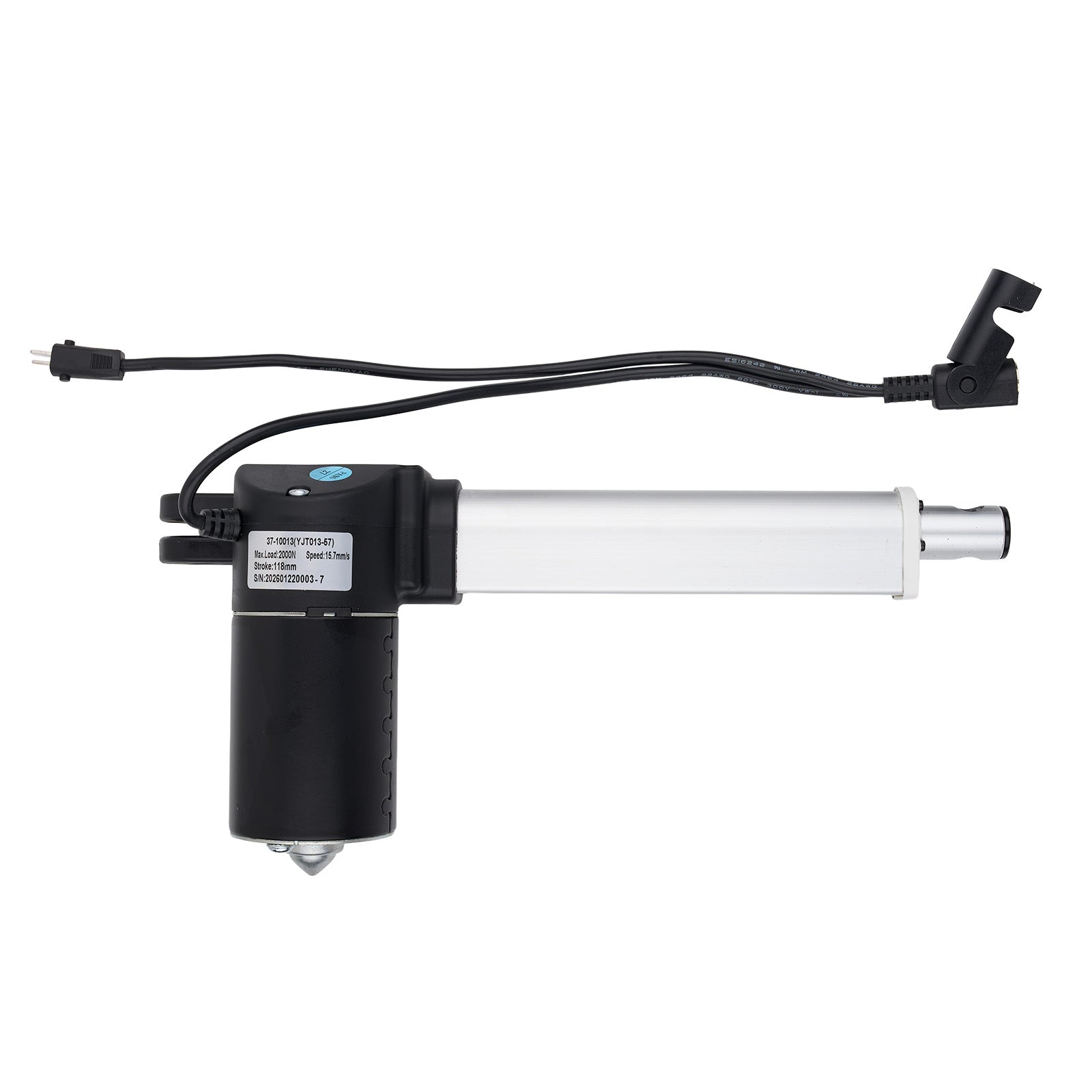 Linear actuator with black and white design on a white background