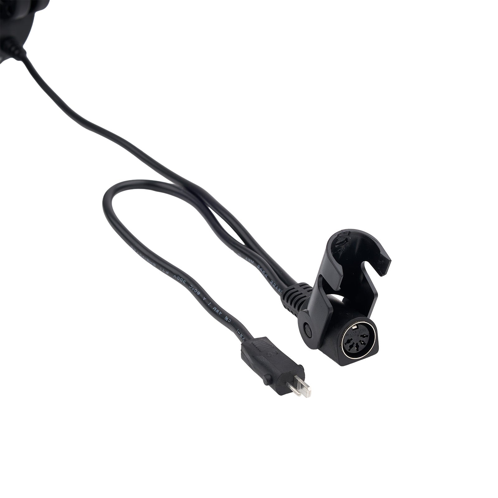 Black audio cable with a plug on a white background