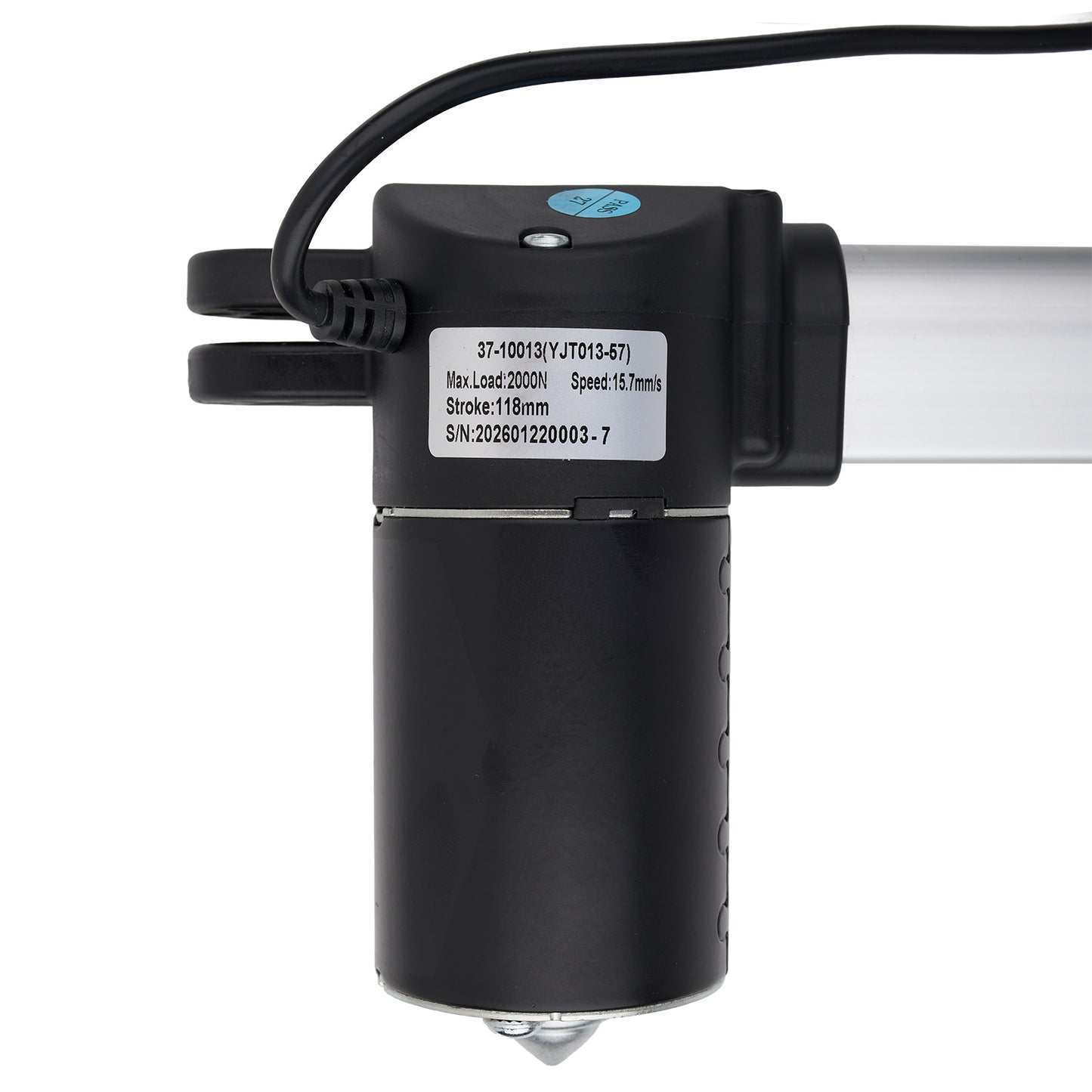 Black linear actuator with label on a white background