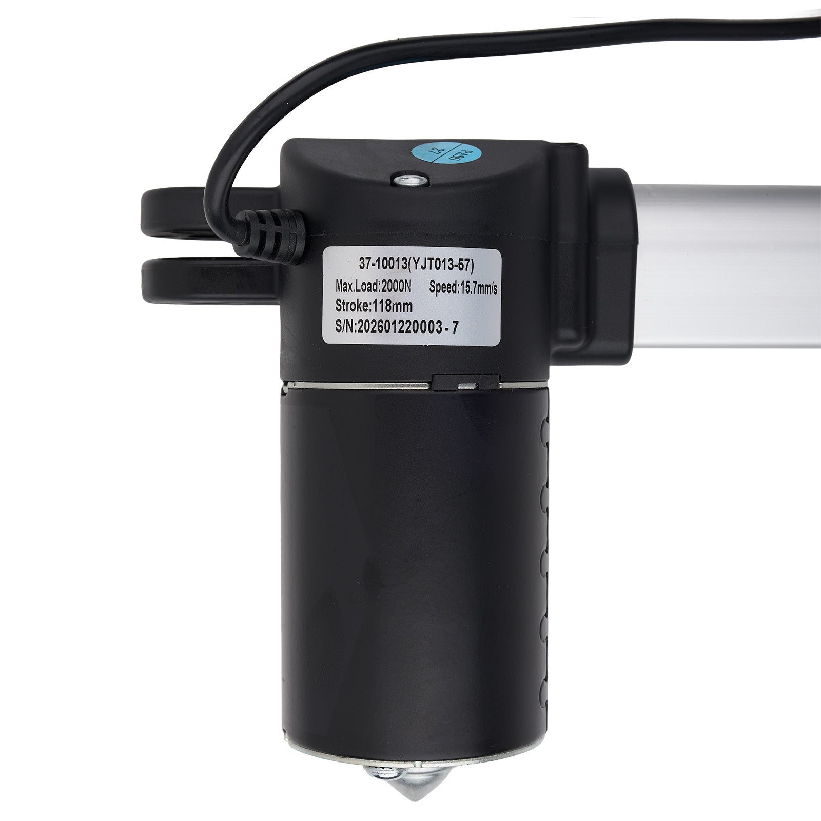 Black linear actuator with label on a white background