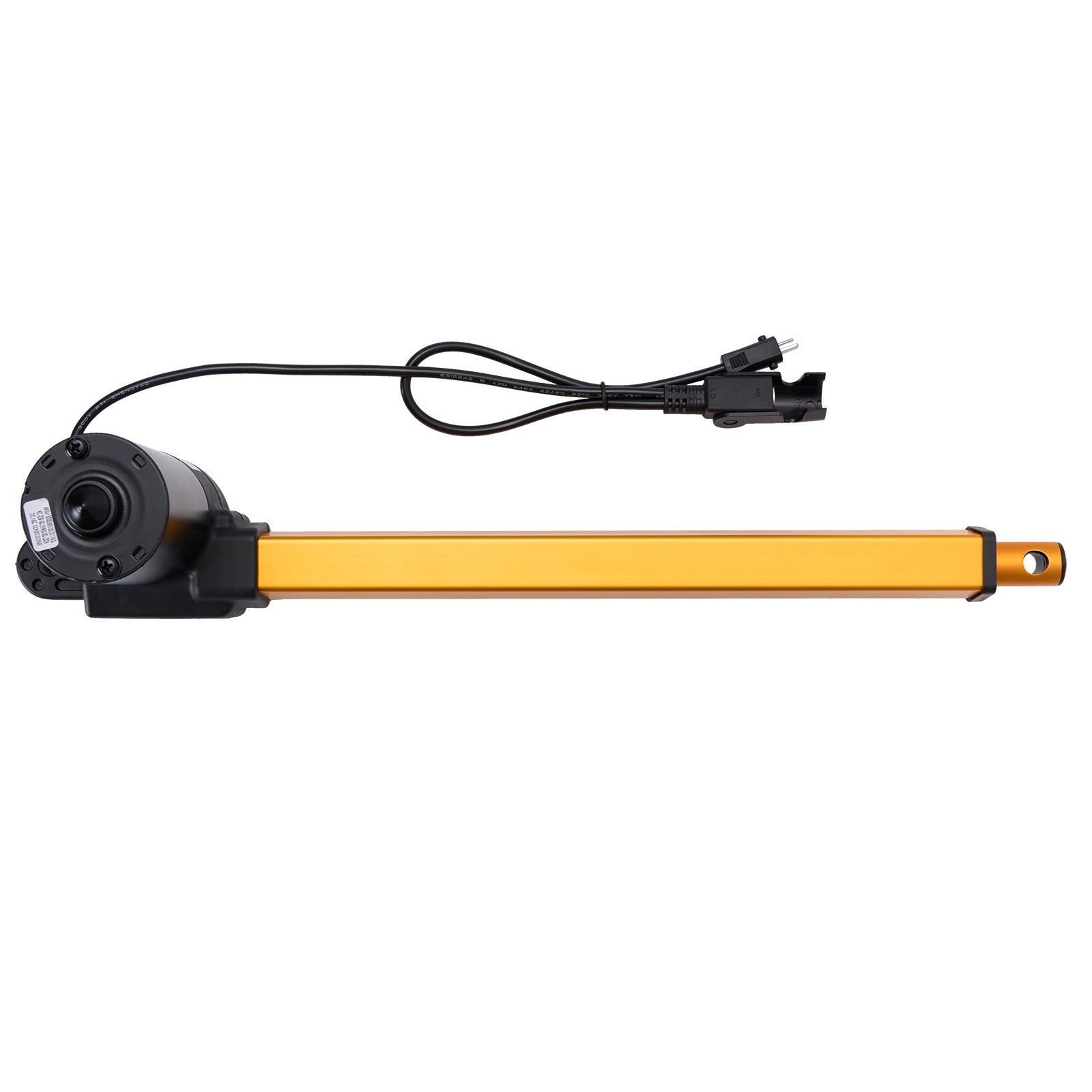 Yellow rod with black electrical components on a white background