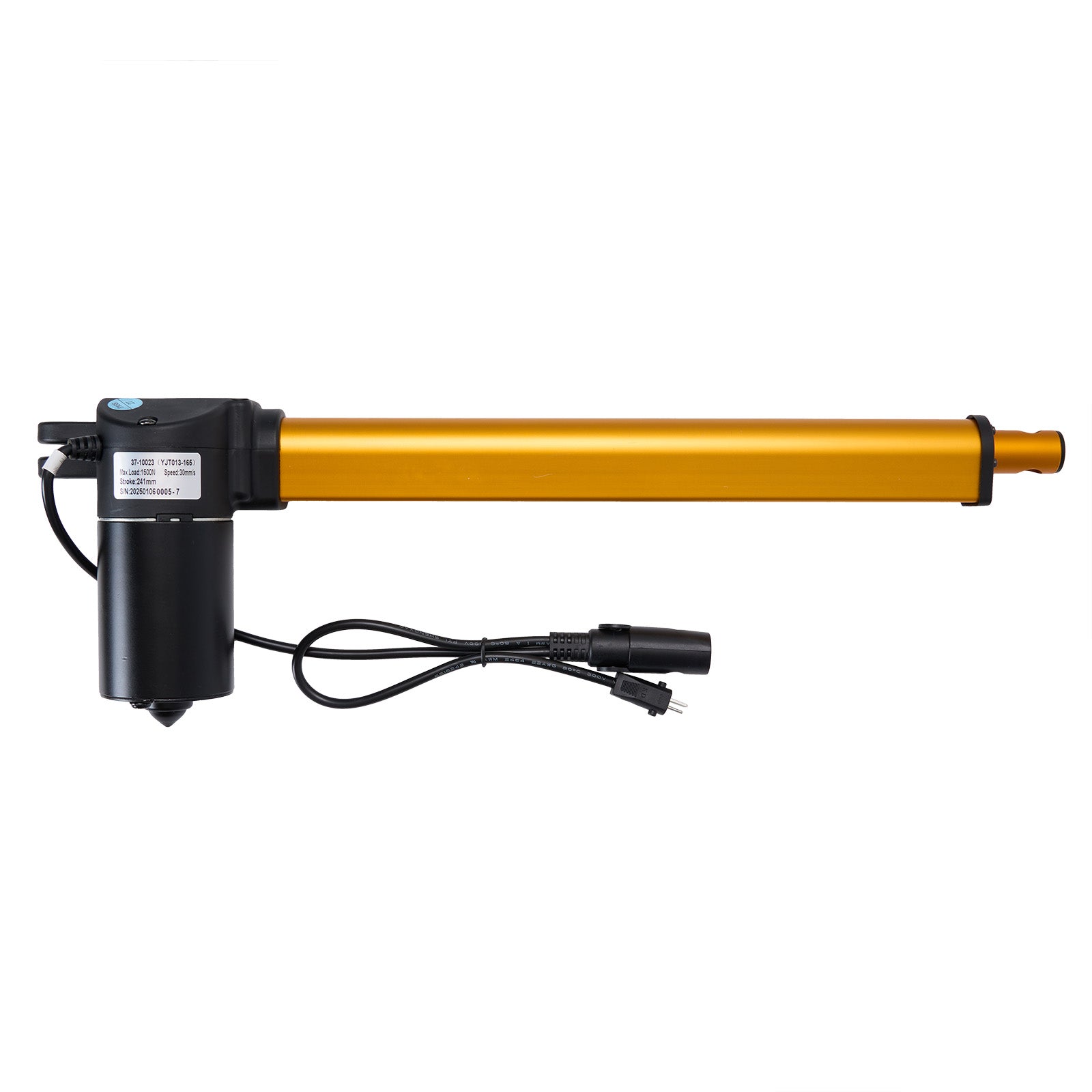 Gold and black linear actuator on a white background