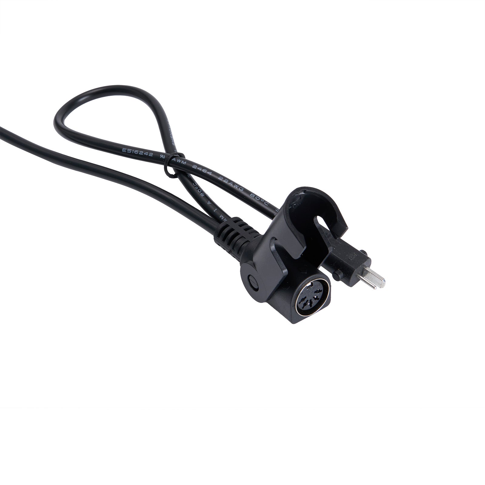 Black power cord with plug on a white background