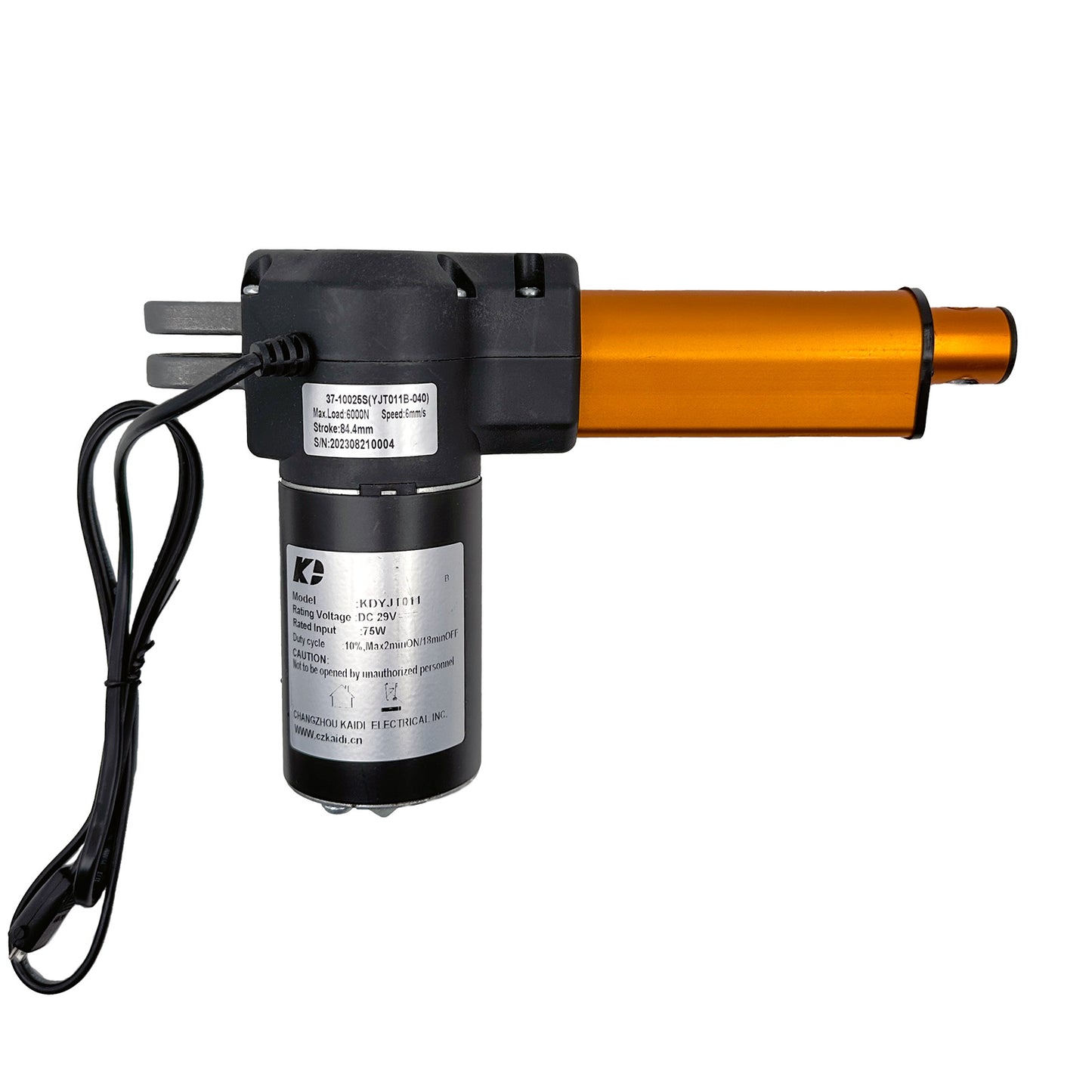A black and orange linear actuator designed for use in recliner or lift chairs.